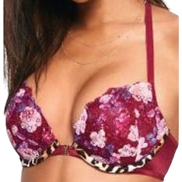 Pink Victoria Secret Date Push Up Bra Lace Racerback Underwired Floral Black 32C - Picture 1 of 8